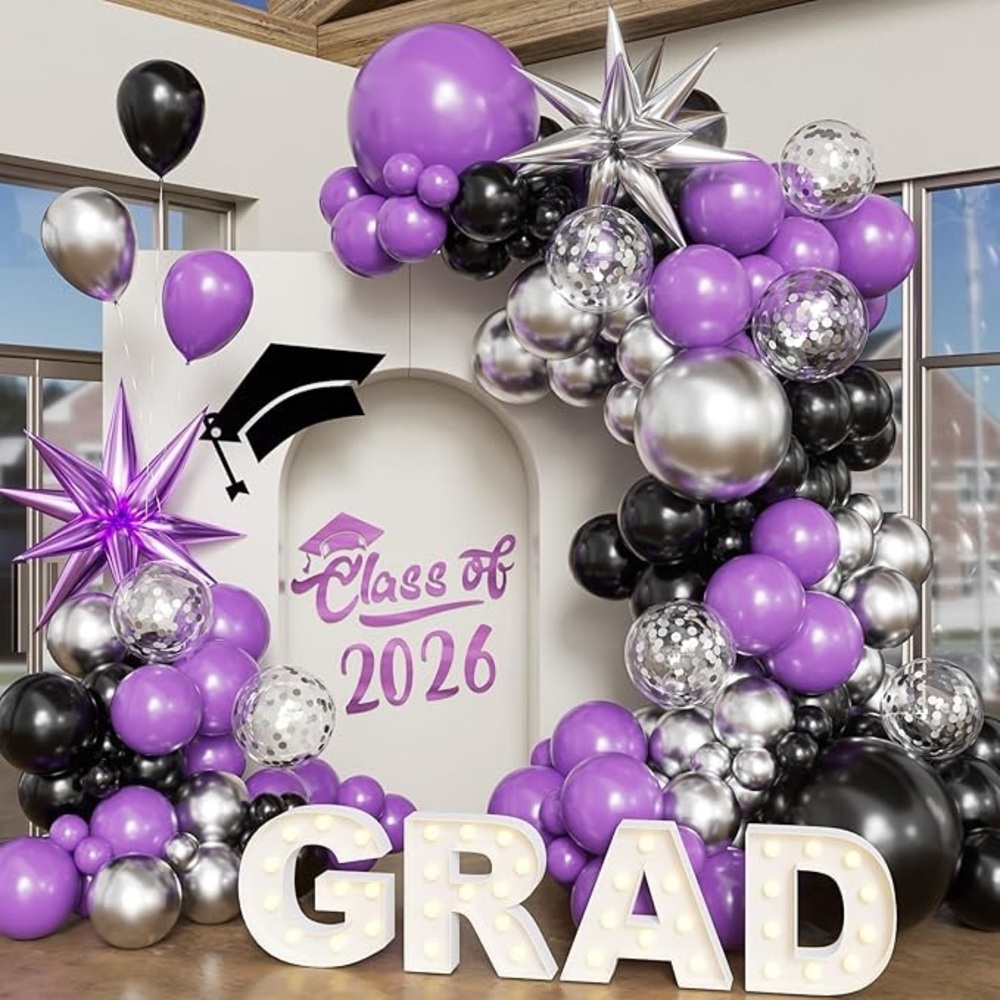 🆕 130PC Purple Silver Black Balloon Arch Kit 2026 Grad Decorations Balloons